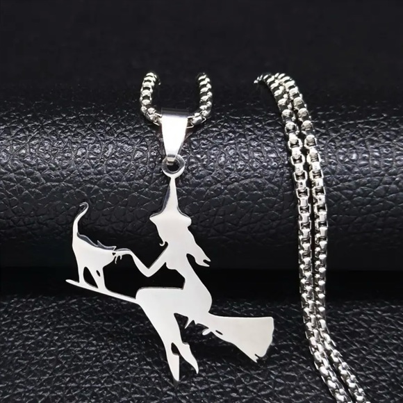 Witch Broom‎ Cat Pendant Necklace Women Witchcraft Silvery Color Hollow Out - Picture 9 of 11